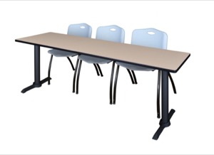 Cain 84" x 24" Training Table - Beige & 3 'M' Stack Chairs - Grey