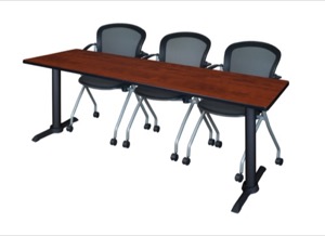 Cain 84" x 24" Training Table - Cherry & 3 Cadence Nesting Chairs - Black