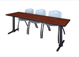 Cain 84" x 24" Training Table - Cherry & 3 'M' Stack Chairs - Grey
