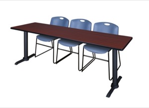 Cain 84" x 24" Training Table - Mahogany & 3 Zeng Stack Chairs - Blue