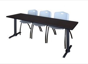 Cain 84" x 24" Training Table - Mocha Walnut & 3 'M' Stack Chairs - Grey