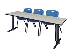 Cain 84" x 24" Training Table - Maple & 3 'M' Stack Chairs - Blue