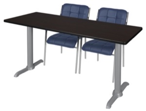 Via 60" x 24" Training Table - Mocha Walnut/Grey & 2 Uptown Side Chairs - Navy