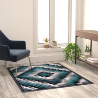 Teagan Collection - Arrowhead Motif 4' x 5' Southwestern Area Rug - Turquoise