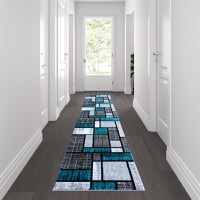 Raven Collection - Contemporary 2' x 11' Turquoise Color Blocked Area Rug - Turquoise