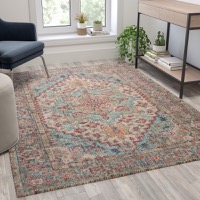 Katherine - 5' x 7' Distressed Vintage Medallion Design Area Rug - Blue Multi