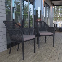 Kallie - Set of 2 All-Weather Club Chairs & Arms - Stacks up to 6 Chairs High - Gray Cushion/Black Frame
