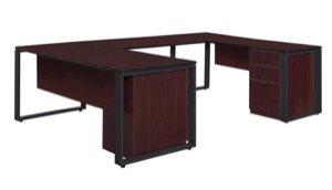 Structure 66" x 30" Double Laminate Pedestal U-Desk with 48" Bridge - Mahogany/Black