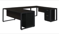 Structure 66" x 30" Double Metal Pedestal U-Desk with 42" Bridge - Mocha Walnut/Black