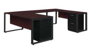 Structure 72" x 30" Double Metal Pedestal U-Desk with 48" Bridge - Mahogany/Black