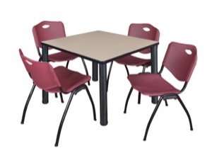 Kee 36" Square Breakroom Table - Beige/ Black & 4 'M' Stack Chairs - Burgundy