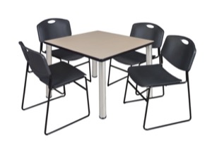 Kee 36" Square Breakroom Table - Beige/ Chrome & 4 Zeng Stack Chairs - Black