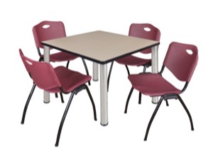 Kee 36" Square Breakroom Table - Beige/ Chrome & 4 'M' Stack Chairs - Burgundy
