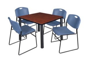 Kee 36" Square Breakroom Table - Cherry/ Black & 4 Zeng Stack Chairs - Blue