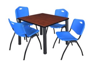 Kee 36" Square Breakroom Table - Cherry/ Black & 4 'M' Stack Chairs - Blue