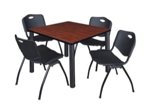 Kee 36" Square Breakroom Table - Cherry/ Black & 4 'M' Stack Chairs - Black