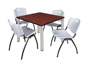 Kee 36" Square Breakroom Table - Cherry/ Chrome & 4 'M' Stack Chairs - Grey