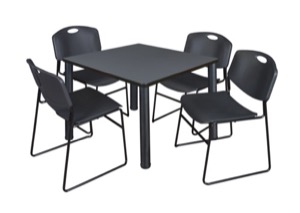 Kee 36" Square Breakroom Table - Grey/ Black & 4 Zeng Stack Chairs - Black