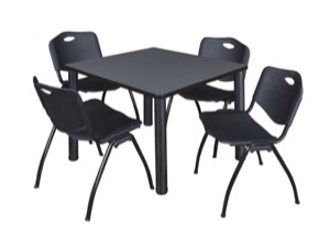 Kee 36" Square Breakroom Table - Grey/ Black & 4 'M' Stack Chairs - Black