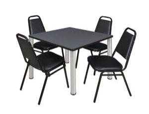 Kee 36" Square Breakroom Table - Grey/ Chrome & 4 Restaurant Stack Chairs - Black