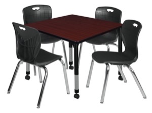Kee 36" Square Height Adjustable Moblie Classroom Table  - Mahogany & 4 Andy 18-in Stack Chairs - Black