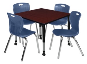 Kee 36" Square Height Adjustable Moblie Classroom Table  - Mahogany & 4 Andy 18-in Stack Chairs - Navy Blue