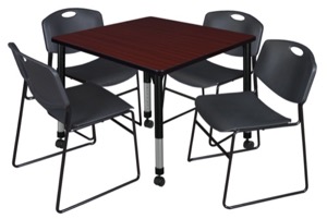 Kee 36" Square Height Adjustable Moblie Classroom Table  - Mahogany & 4 Zeng Stack Chairs - Black 