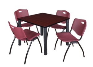 Kee 36" Square Breakroom Table - Mahogany/ Black & 4 'M' Stack Chairs - Burgundy