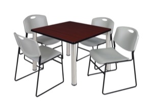 Kee 36" Square Breakroom Table - Mahogany/ Chrome & 4 Zeng Stack Chairs - Grey