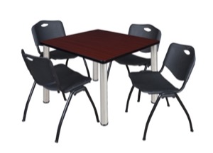 Kee 36" Square Breakroom Table - Mahogany/ Chrome & 4 'M' Stack Chairs - Black