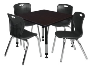 Kee 36" Square Height Adjustable Classroom Table  - Mocha Walnut & 4 Andy 18-in Stack Chairs - Black