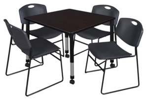 Kee 36" Square Height Adjustable Mobile Classroom Table  - Mocha Walnut & 4 Zeng Stack Chairs - Black 