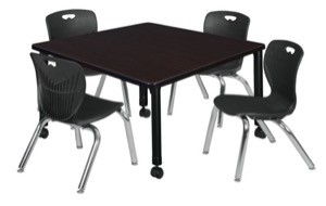 Kee 36" Square Height Adjustable Mobile Classroom Table  - Mocha Walnut & 4 Andy 12-in Stack Chairs - Black