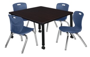 Kee 36" Square Height Adjustable Mobile Classroom Table  - Mocha Walnut & 4 Andy 12-in Stack Chairs - Navy Blue