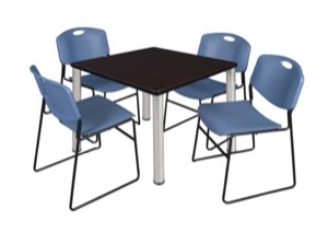 Kee 36" Square Breakroom Table - Mocha Walnut/ Chrome & 4 Zeng Stack Chairs - Blue