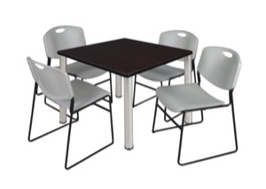 Kee 36" Square Breakroom Table - Mocha Walnut/ Chrome & 4 Zeng Stack Chairs - Grey