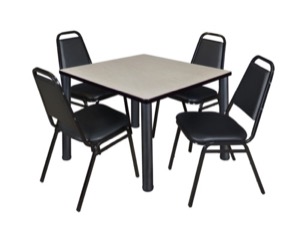 Kee 36" Square Breakroom Table - Maple/ Black & 4 Restaurant Stack Chairs - Black