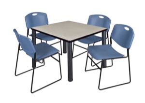 Kee 36" Square Breakroom Table - Maple/ Black & 4 Zeng Stack Chairs - Blue