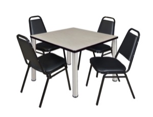 Kee 36" Square Breakroom Table - Maple/ Chrome & 4 Restaurant Stack Chairs - Black