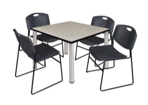 Kee 36" Square Breakroom Table - Maple/ Chrome & 4 Zeng Stack Chairs - Black
