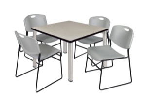 Kee 36" Square Breakroom Table - Maple/ Chrome & 4 Zeng Stack Chairs - Grey