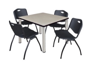 Kee 36" Square Breakroom Table - Maple/ Chrome & 4 'M' Stack Chairs - Black