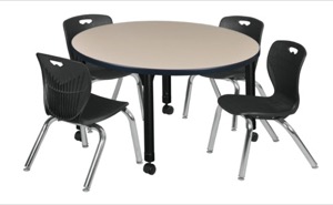 Kee 36" Round Height Adjustable Classroom Table  - Beige & 4 Andy 12-in Stack Chairs - Black 