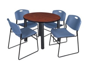 Kee 36" Round Breakroom Table - Cherry/ Black & 4 Zeng Stack Chairs - Blue
