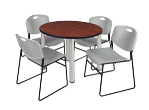 Kee 36" Round Breakroom Table - Cherry/ Chrome & 4 Zeng Stack Chairs - Grey
