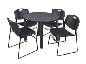 Kee 36" Round Breakroom Table - Grey/ Black & 4 Zeng Stack Chairs - Black