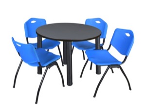 Kee 36" Round Breakroom Table - Grey/ Black & 4 'M' Stack Chairs - Blue