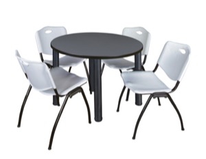 Kee 36" Round Breakroom Table - Grey/ Black & 4 'M' Stack Chairs - Grey