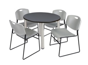 Kee 36" Round Breakroom Table - Grey/ Chrome & 4 Zeng Stack Chairs - Grey