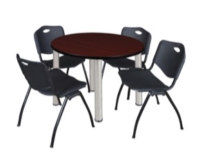 Kee 36" Round Breakroom Table - Mahogany/ Chrome & 4 'M' Stack Chairs - Black